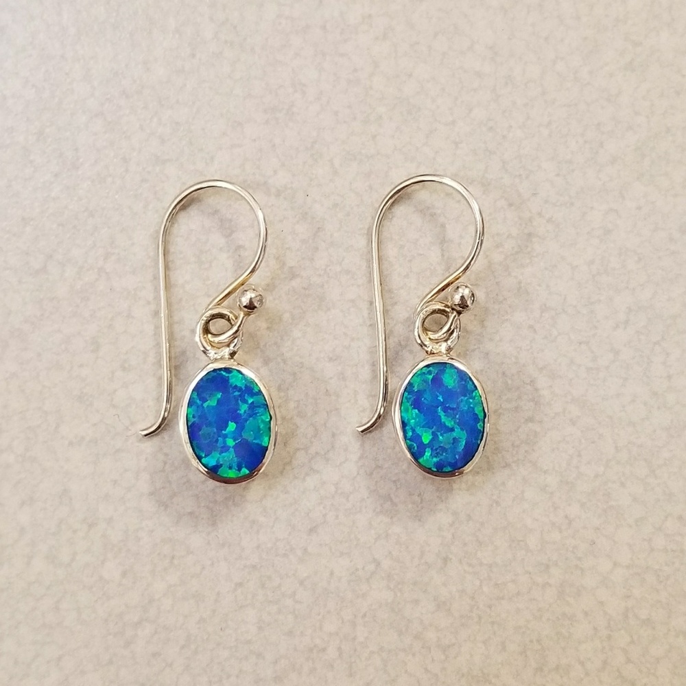 Created Blue Opal Oval Earrings